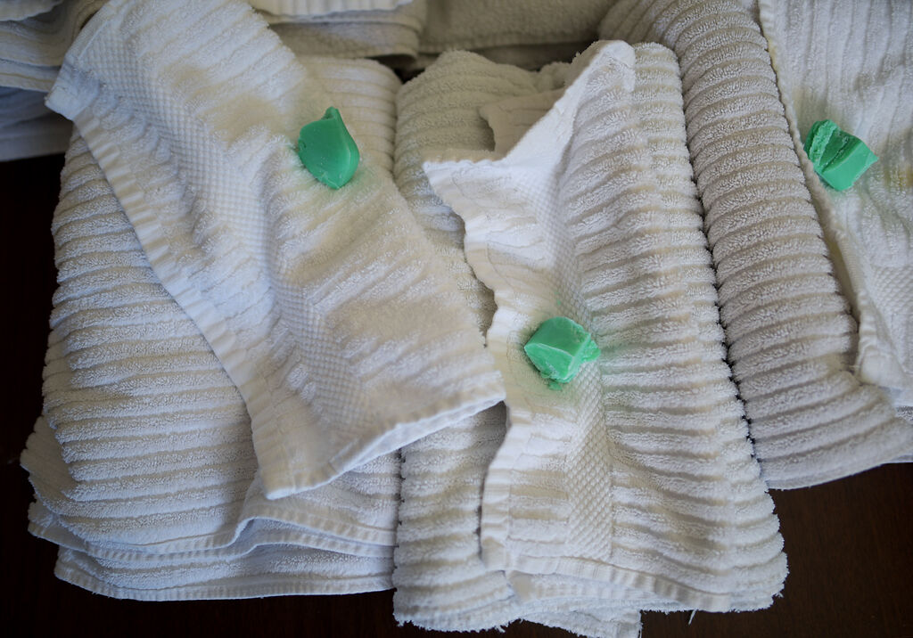 Towels and soap are stored